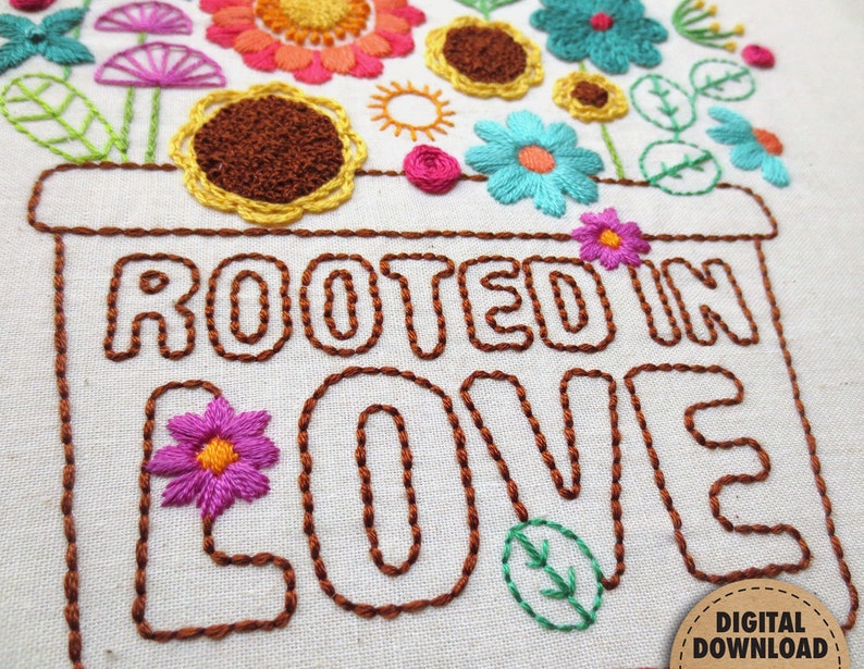 Rooted in Love, Potted Plant Embroidery, Floral Bouquet, Ephesians 3:17, Scripture Art, Plant Embroidery Pattern, Stitch Sampler, Digital image 7