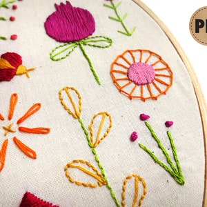 Beginner Embroidery Sampler, Retro Modern, Flower Embroidery Design, Downloadable Pattern, Scandinavian Folk Art, DIY Crafts, Summer Garden image 2