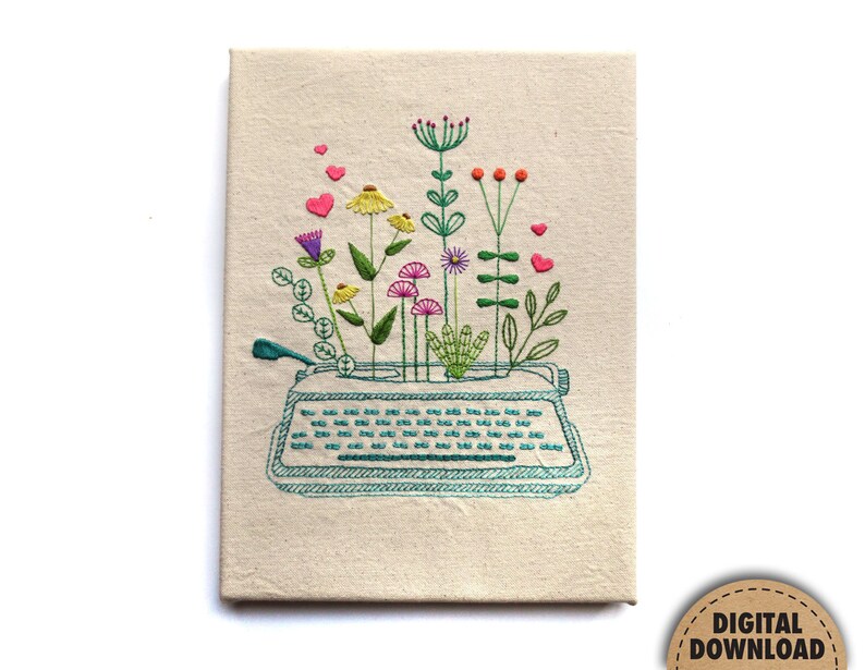 Garden Embroidery Pattern, Embroidery Bundle, Floral Embroidery, Envelope, Vintage Typewriter, Stitch Sampler, Hand Embroidery, Writer Gifts image 2