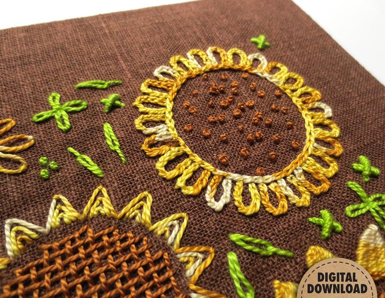 Sunflower Embroidery Pattern, Stitch Sampler, Floral Embroidery, Primitive Decor, Farmhouse Decor, Hand Embroidery, Digital Download, Summer image 5