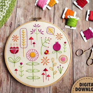 Beginner Embroidery Sampler, Retro Modern, Flower Embroidery Design, Downloadable Pattern, Scandinavian Folk Art, DIY Crafts, Summer Garden