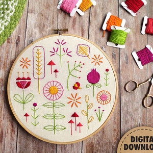 Beginner Embroidery Sampler, Retro Modern, Flower Embroidery Design, Downloadable Pattern, Scandinavian Folk Art, DIY Crafts, Summer Garden image 1