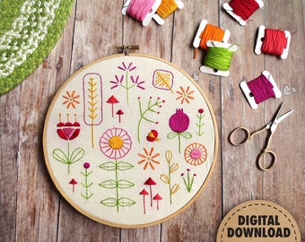 Beginner Embroidery Sampler, Retro Modern, Flower Embroidery Design, Downloadable Pattern, Scandinavian Folk Art, DIY Crafts, Summer Garden