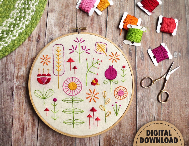 Beginner Embroidery Sampler, Retro Modern, Flower Embroidery Design, Downloadable Pattern, Scandinavian Folk Art, DIY Crafts, Summer Garden image 1