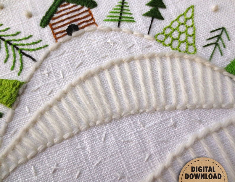 Cabin Embroidery Pattern, Winter Embroidery Design, Christmas Stitching, Rustic Home Decor, Downloadable, Hand Embroidery, Woodland, Snow image 3