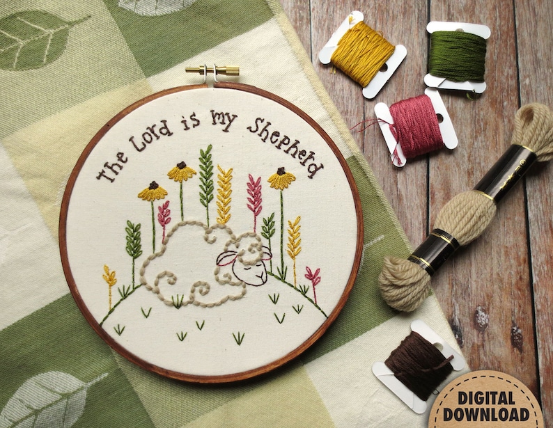 Psalm 23, The Lord is my Shepherd, Sheep Embroidery Pattern, Bible Verse, Primitive Easter Spring Decor, Christian Nursery, Instant Download image 1