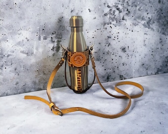 Leather Crossbody Water Bottle Holder, Stainless Steel Waterbottle and Holder, Water Bottle and Strap, Waterbottle