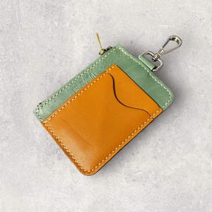 Cartera de piel, cartera pequeña, tarjetero, cartera pequeña con cremallera, cartera con compartimentos, cartera unisex, cartera verde y caramelo