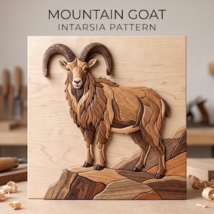 May include: A wooden intarsia wall art piece featuring a mountain goat standing on rocky terrain. The artwork displays the text MOUNTAIN GOAT INTARSIA PATTERN at the top. The goat is crafted from various wood tones, showcasing detailed grain patterns.