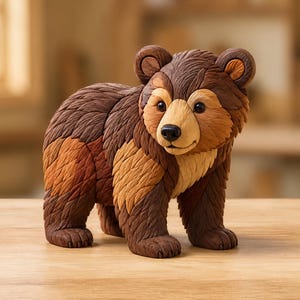 May include: A standing bear figurine crafted from layered wood pieces in varying shades of brown, tan, and cream. The bear features a textured surface mimicking fur, dark round eyes, a black nose, and rounded ears, standing in a quadrupedal pose.