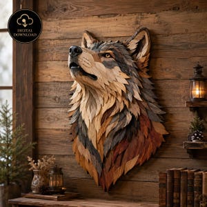 以下が含まれることがあります： 茶色、ベージュ、灰色、黒の色合いの木片を重ねて作られた、オオカミの頭部の壁掛け彫刻。オオカミは頭を上に向けており、詳細な毛並みの質感と黒い鼻が特徴です。デジタルダウンロードとして提供されています。