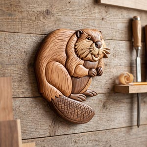 Peut inclure: Une sculpture murale en bois représentant un castor, réalisée dans des tons de bois clair et foncé. Le castor est représenté en position assise avec des textures de fourrure détaillées, une queue plate avec un motif quadrillé et un visage souriant.