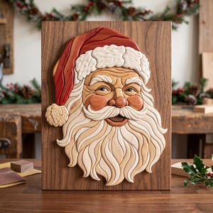 May include: A handcrafted wooden wall art piece featuring a layered intarsia portrait of Santa Claus. The design showcases a red hat with white trim, a full white beard, and a mustache, all mounted on a rectangular dark brown wood panel.
