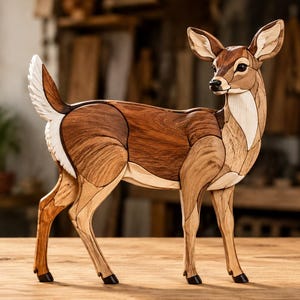May include: A decorative wooden figurine of a deer crafted from various shades of natural wood grain. The sculpture features a standing posture with a white tail, dark brown hooves, and intricate wood inlay patterns defining the animal's form.