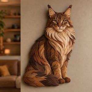 Puede incluir: Una pieza de arte en madera para pared que representa un gato Maine Coon. La escultura está hecha de segmentos de madera en capas en varios tonos de marrón, bronceado y crema, creando una apariencia texturizada con ojos color ámbar.