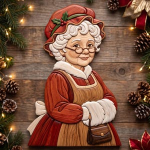 May include: A wooden wall art piece depicting an elderly woman with white hair, round glasses, and a red bonnet with holly. She wears a red dress with a tan apron, white fur-trimmed cuffs, and a collar, while holding a small brown handbag.