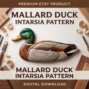 Puede incluir: Un patrón de intarsia de pato azulón con un pato de madera de cabeza verde, pico amarillo y segmentos corporales marrones, grises y negros. La imagen incluye herramientas de tallado y virutas de madera, con el texto MALLARD DUCK INTARSIA PATTERN.