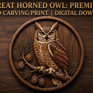 May include: A circular wood carving print featuring a Great Horned Owl perched on a pine branch with cones. The text reads GREAT HORNED OWL: PREMIUM WOOD CARVING PRINT | DIGITAL DOWNLOAD. The design is rendered in shades of brown and tan.