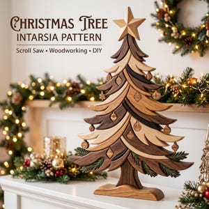May include: A wooden Christmas tree intarsia pattern featuring the text CHRISTMAS TREE INTARSIA PATTERN Scroll Saw Woodworking DIY. The tree is crafted from light and dark wood segments with carved ornaments and a star topper on a base.