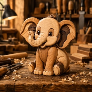 Op de afbeelding: Een handgemaakt houten olifantenbeeldje met een combinatie van lichte en donkere houtnerven. De olifant heeft grote, ronde oren, een gekrulde slurf en een zittende houding met zichtbare houttextuur en gladde, gepolijste oppervlakken.