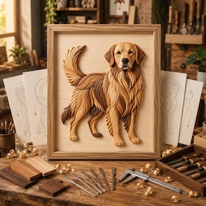 May include: A framed wooden wall art piece featuring a layered, three-dimensional golden retriever dog crafted from various shades of light and dark wood, displayed on a workbench with wood carving tools and sketches.