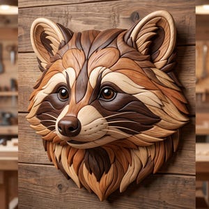 Könnte beinhalten: Eine Wandskulptur in Form eines Waschbärenkopfes, gefertigt aus geschichteten Holzteilen in verschiedenen natürlichen Brauntönen. Das Design zeigt komplexe Maserungen, dunkelbraune Augenpartien, eine spitze Nase und texturierte Fellsegmente.