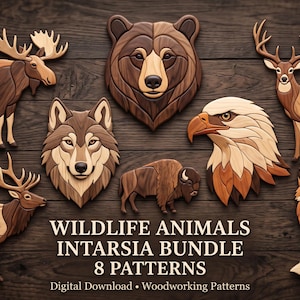 Op de afbeelding: Een verzameling van acht houten intarsia patronen van wilde dieren, waaronder een eland, beer, wolf, adelaar, hert, wapiti, bizon en vos. De tekst luidt WILDLIFE ANIMALS INTARSIA BUNDLE 8 PATTERNS Digital Download Woodworking Patterns.
