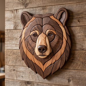 Könnte beinhalten: Eine Wandskulptur in Form eines Bärenkopfes, gefertigt aus geschichteten Holzteilen in verschiedenen Nuancen von dunklem Walnuss- und hellem Ahornholz. Das Design zeigt komplexe geometrische Segmente, die Gesichtszüge und Fellstruktur bilden.
