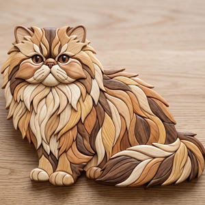 Può includere: Un oggetto decorativo da parete realizzato con segmenti di legno a strati, raffigurante un gatto a pelo lungo con un mantello dai toni crema, marrone chiaro e marrone scuro. Il gatto è raffigurato in posizione seduta con una coda folta e fluida.