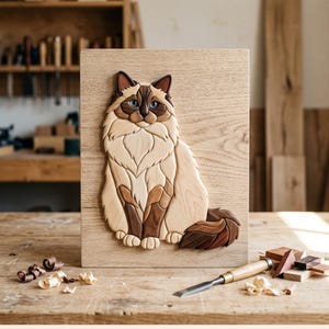 May include: A wooden wall art piece featuring a layered marquetry cat design. The cat is crafted from various shades of light and dark wood, showcasing a long-haired feline with blue eyes, set against a rectangular light oak wood background panel.