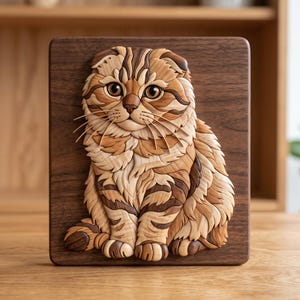 May include: A rectangular wooden wall plaque featuring an intricate marquetry inlay of a tabby cat. The cat is composed of various wood tones, including light tan, medium brown, and dark brown, creating a detailed fur pattern and facial features.