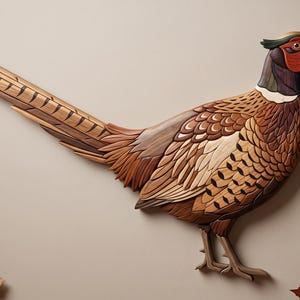 Könnte beinhalten: Eine Wandskulptur eines Fasans aus geschichteten Holzteilen in verschiedenen natürlichen Braun-, Beige- und Cremetönen. Der Vogel hat einen langen, detaillierten Schwanz, einen dunklen Kopf mit rotem Fleck und einen weißen Halsring, die die Holzmaserung betonen.