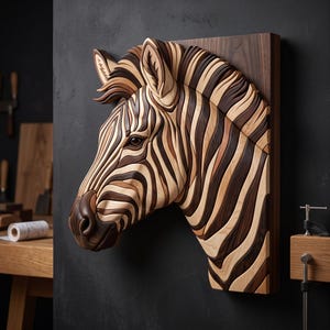 Könnte beinhalten: Eine dreidimensionale Wandskulptur eines Zebra-Kopfes aus geschichtetem Holz in verschiedenen hellen, mittleren und dunklen Brauntönen. Das Stück zeigt detaillierte, geschnitzte Streifen, die den Konturen des Gesichts und der Mähne folgen.