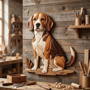 May include: A wall-mounted wooden carving of a beagle dog featuring layered light and dark wood tones. The dog is depicted in a seated position with a white chest, brown ears, and a dark brown back, mounted on a rustic wooden plank wall.
