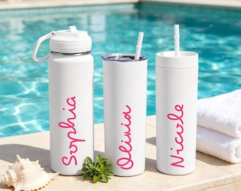 Custom white water bottle tumbler cup with straw, island white cup, Vacation Cup, Villa cup, pink love tropical island cup, white cup name