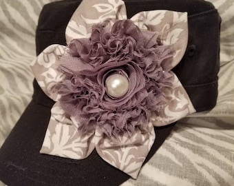 Shabby Chic Grey Rose with Grey White Flower and Beautiful Pearl Black Cadet hat