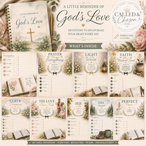 May include: A spiral-bound devotional journal titled A Little Reminder of God's Love, measuring 6 by 8 inches. The cover features a cross and floral landscape. Inside pages include daily devotionals, scripture, prayer lists, and reflection prompts.
