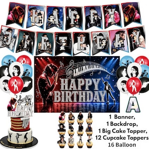 Op de afbeelding: Een feestdecoratieset met een Michael Jackson-thema, inclusief een Happy Birthday-banner, een grote rechthoekige achtergrond, een taarttopper, twaalf cupcaketoppers en zestien ballonnen, allemaal versierd met afbeeldingen van de artiest.