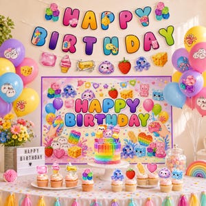 Colorful Kawaii Squishy Birthday Party Decorations, Rainbow Banner Balloon Backdrop Kit, Cake and Cupcake Toppers for Kids