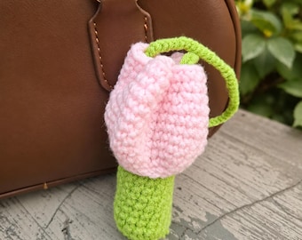 Crochet Tulip Lip Balm Holder Keychain, Handmade Chapstick Bag Charm