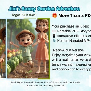 Pode incluir: Um produto digital intitulado Jim's Sunny Garden Adventure para crian&ccedil;as de 7 anos ou menos. Inclui um livro de hist&oacute;rias em PDF imprim&iacute;vel, acesso a um flipbook interativo e um MP4 narrado por uma voz humana. A imagem mostra uma crian&ccedil;a e uma pessoa.