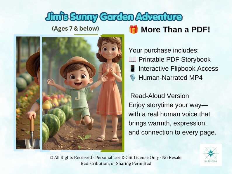 Pode incluir: Um produto digital intitulado Jim's Sunny Garden Adventure para crian&ccedil;as de 7 anos ou menos. Inclui um livro de hist&oacute;rias em PDF imprim&iacute;vel, acesso a um flipbook interativo e um MP4 narrado por uma voz humana. A imagem mostra uma crian&ccedil;a e uma pessoa.