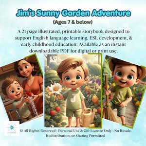 Pode incluir: Um livro de hist&oacute;rias imprim&iacute;vel de 21 p&aacute;ginas intitulado Jim's Sunny Garden Adventure para crian&ccedil;as de 7 anos ou menos. A capa apresenta tr&ecirc;s ilustra&ccedil;&otilde;es de um menino de cabelo castanho com camisa verde lavando morangos, jardinando e varrendo.