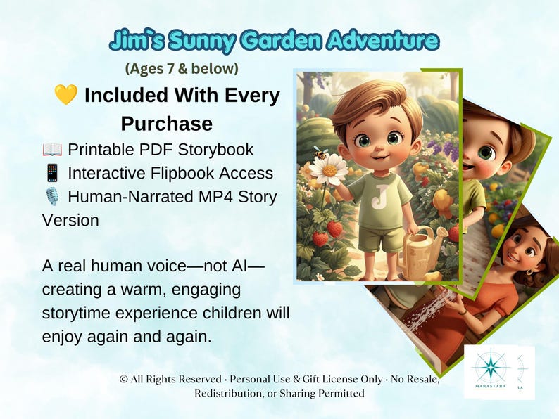 Pode incluir: Um produto digital intitulado Jim's Sunny Garden Adventure para crian&ccedil;as de 7 anos ou menos. Inclui um livro de hist&oacute;rias em PDF para impress&atilde;o, acesso a um flipbook interativo e uma vers&atilde;o da hist&oacute;ria em MP4 narrada por humanos.