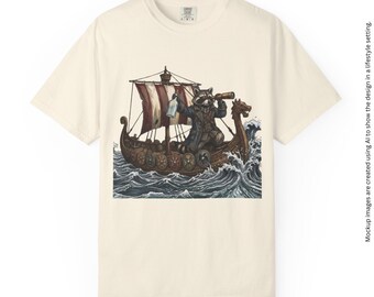 Camiseta Guaxinim Viking, Camiseta Nórdica de Barco Longo, Camiseta Divertida com Animal, Comfort Colors 1717, Presente Unissex para Aventureiros Náuticos