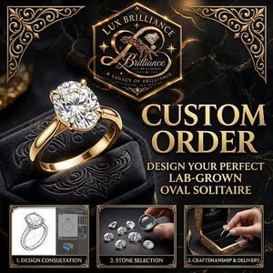 May include: A gold ring with an oval-cut solitaire stone sits on a black velvet box. Text reads: LUX BRILLIANCE, CUSTOM ORDER, DESIGN YOUR PERFECT LAB-GROWN OVAL SOLITAIRE, 1. DESIGN CONSULTATION, 2. STONE SELECTION, 3. CRAFTSMANSHIP & DELIVERY.