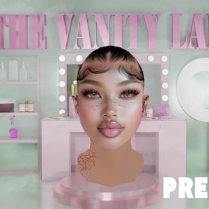 May include: A digital illustration of a stylised head with dark hair, long eyelashes, and a floral neck tattoo, positioned in front of a pink vanity set. The text THE VANITY LAB, JOIN HERE, and PREMADE appear alongside a black and white QR code.