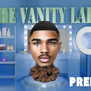 May include: A digital avatar head with a short wave hairstyle, light eyes, and a neck tattoo featuring currency patterns. The background displays a blue vanity setup with shelves, a mirror, the text THE VANITY LAB, JOIN HERE, and a QR code.