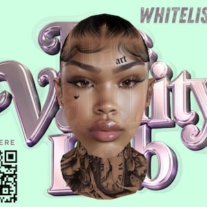 Puede incluir: Una cabeza de avatar digital con ojos marrones, un pequeño tatuaje de corazón en la mejilla y la palabra art en la frente. El fondo presenta texto 3D metálico morado Vanity Lab y Whitelisted, con un código QR y el texto Join Here.
