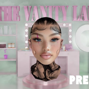 May include: A digital avatar head with blue eyes, dark hair, and a floral-patterned neck piece, centred before a vanity with the text THE VANITY LAB, JOIN HERE, and PREMADE, featuring a QR code in the lower left corner on a soft pink background.